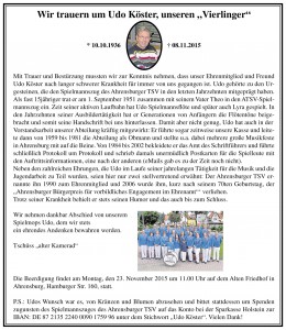 Traueranzeige Udo Köster im Ahrensburger MARKT vom 21.11.2015